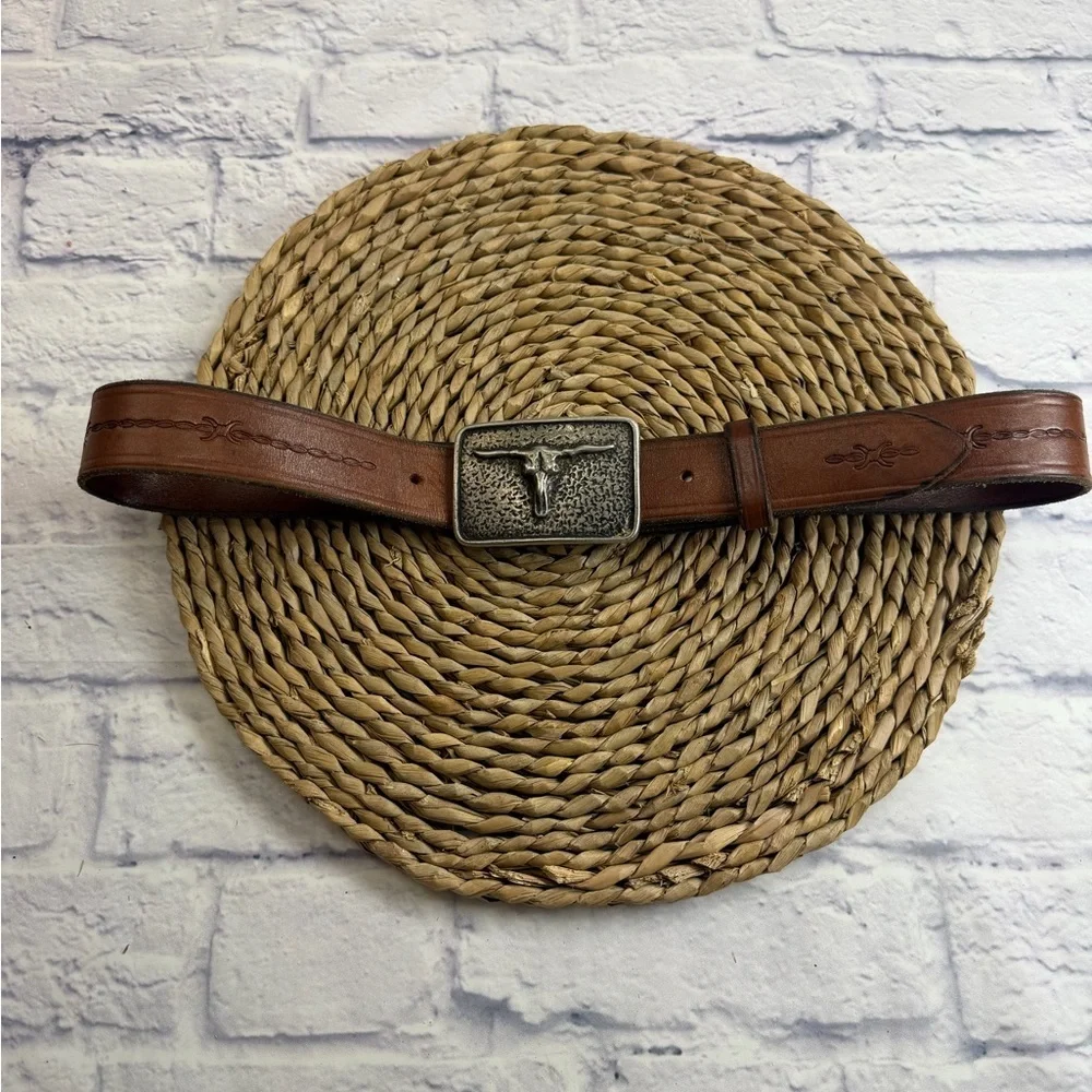 Bed Stu Men's Brown Leather Belt w/Texas Longhorn Bull Buckle. Western. Cowboy.